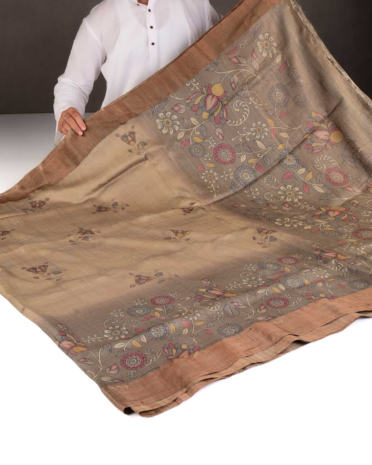 Gray Brown Floral Printed Tasar Silk Saree with Tissue Border