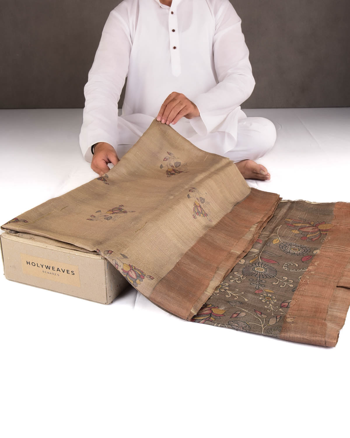 Gray Brown Floral Printed Tasar Silk Saree with Tissue Border