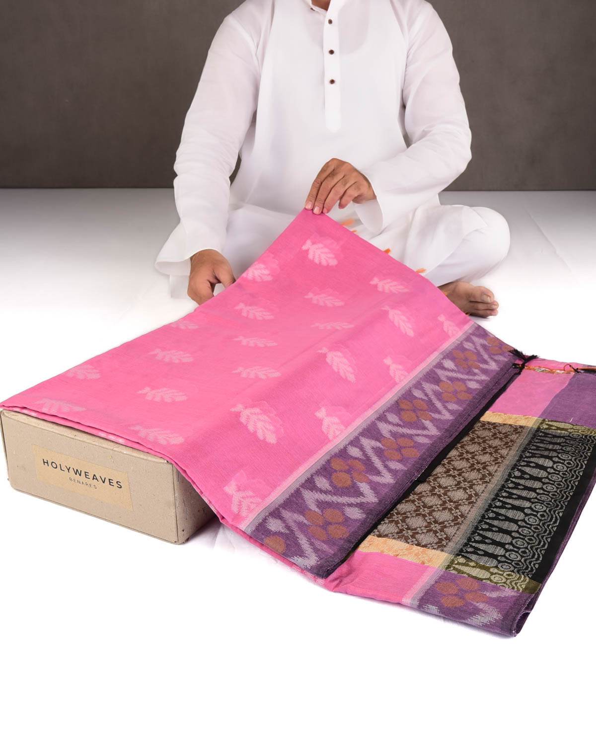 Pink Ikat Style Resham Brocade Woven Art Cotton Silk Banarasi Saree