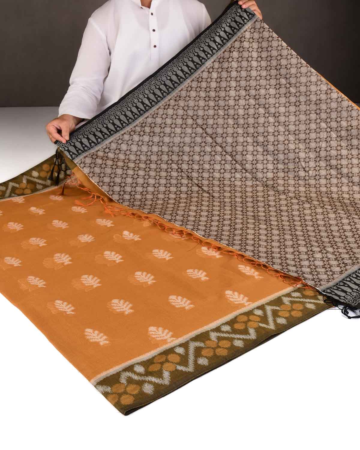 Mustard Yellow Ikat Style Resham Brocade Woven Art Cotton Silk Banarasi Saree