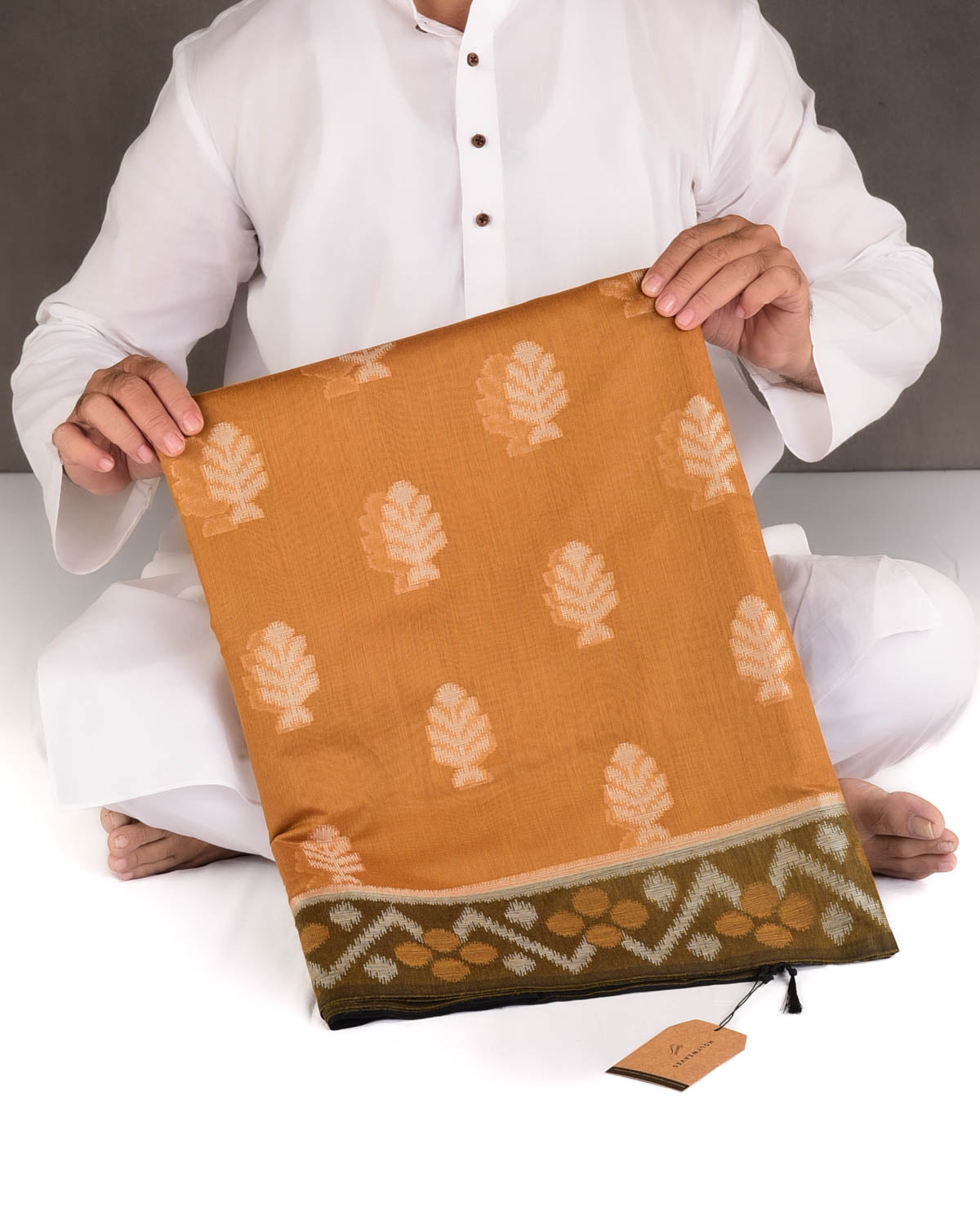 Mustard Yellow Ikat Style Resham Brocade Woven Art Cotton Silk Banarasi Saree