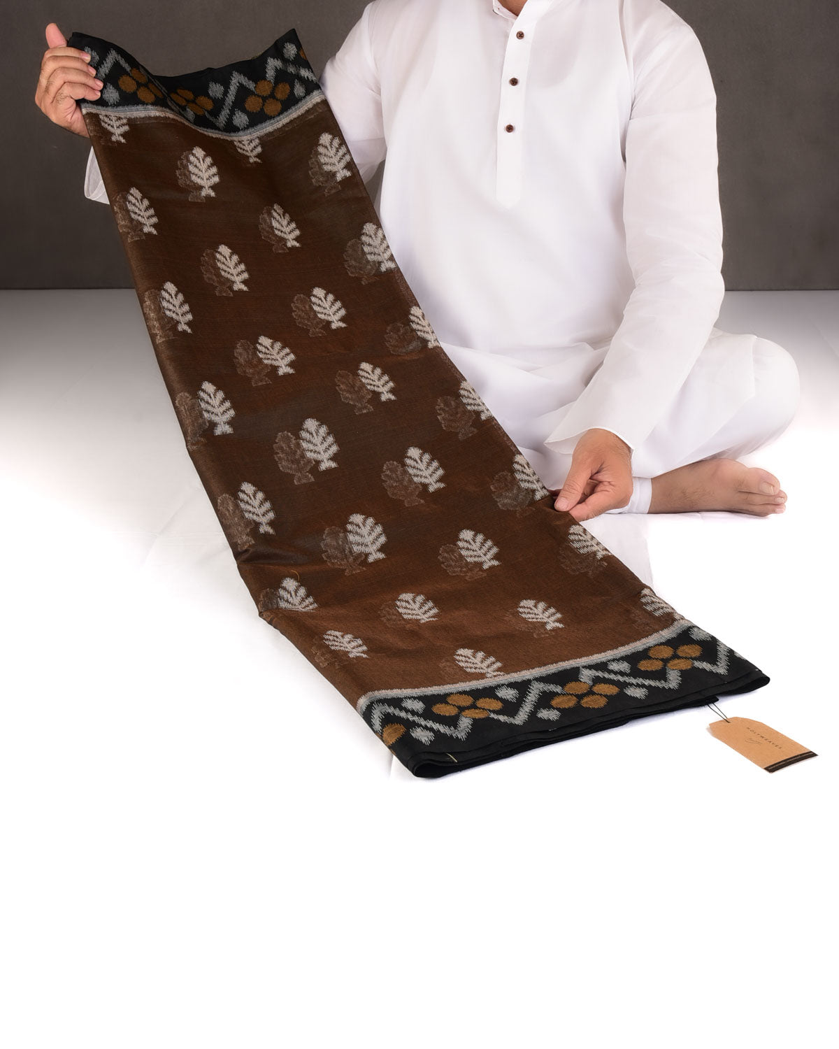 Brown Ikat Style Resham Brocade Woven Art Cotton Silk Banarasi Saree
