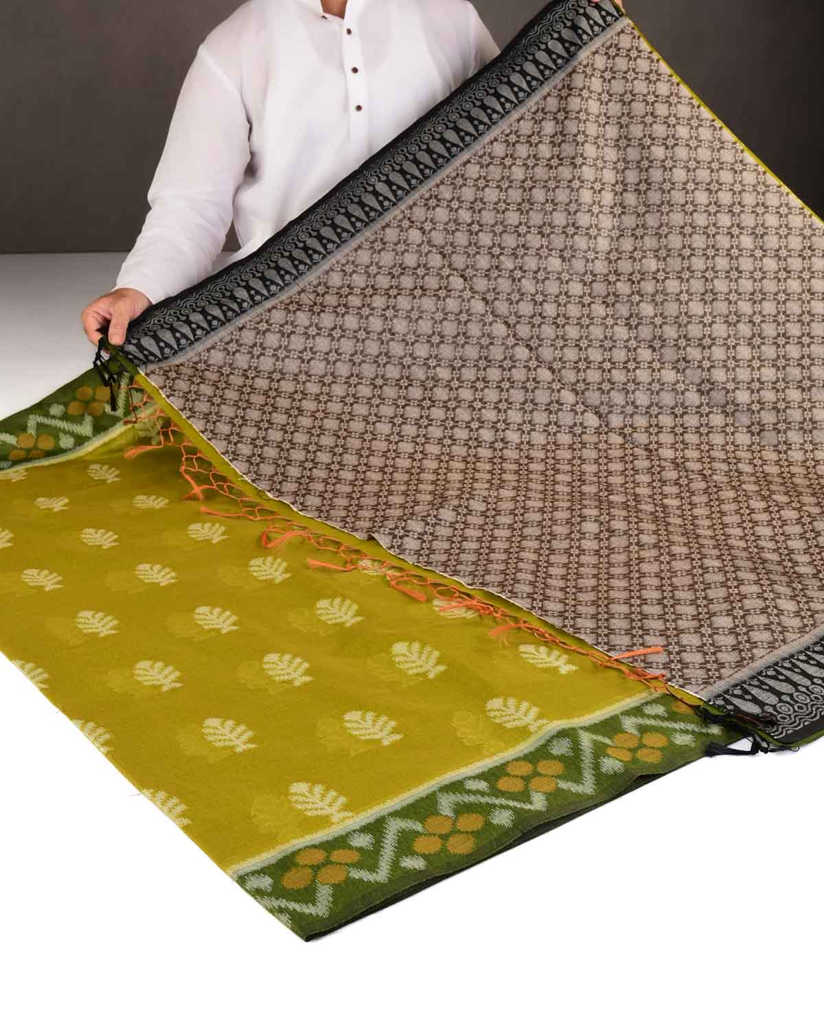 Green Ikat Style Resham Brocade Woven Art Cotton Silk Banarasi Saree