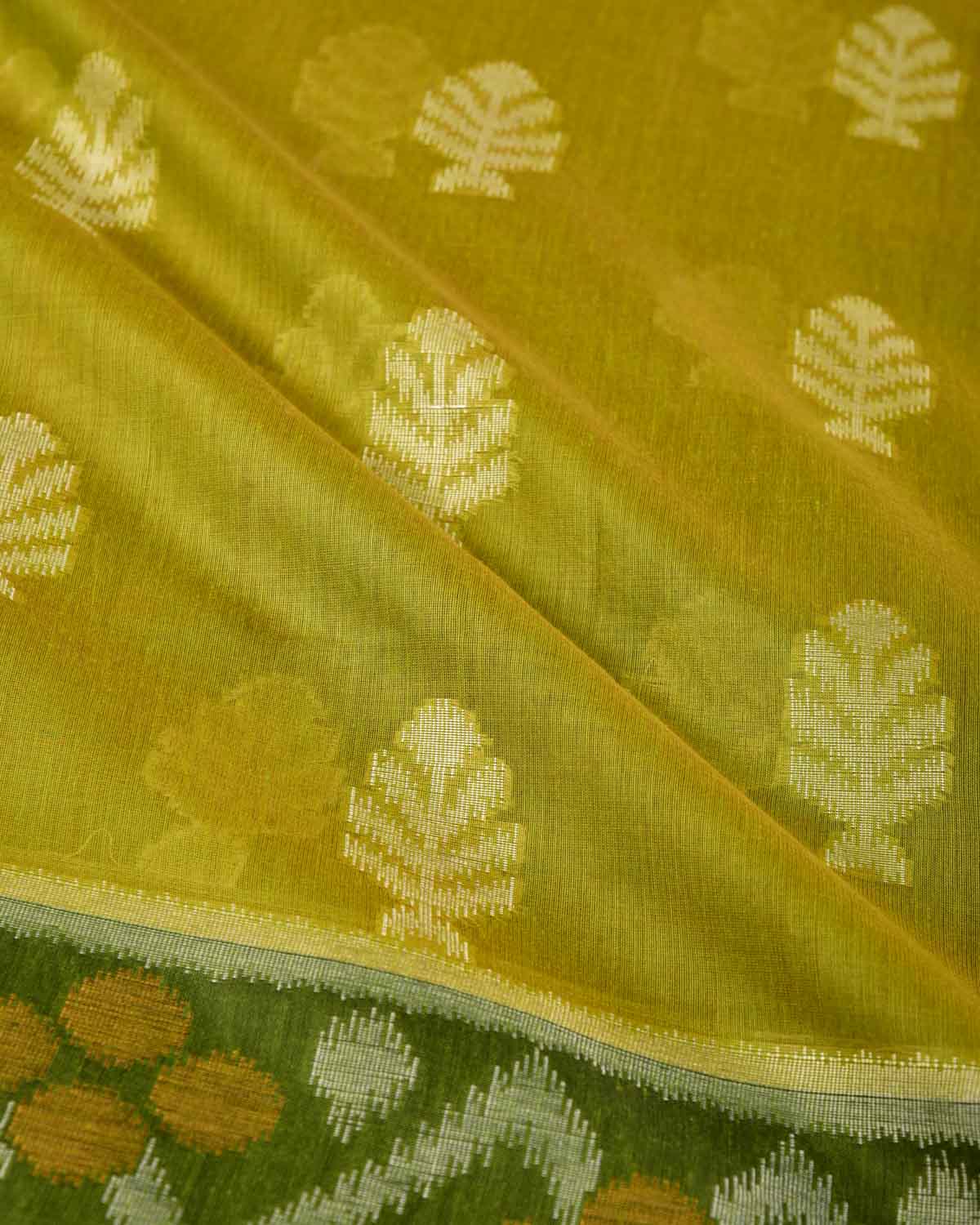 Green Ikat Style Resham Brocade Woven Art Cotton Silk Banarasi Saree