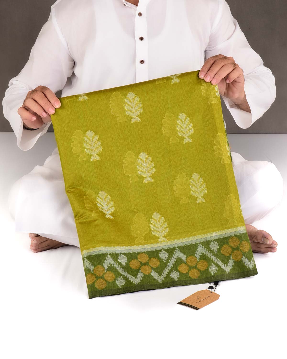 Green Ikat Style Resham Brocade Woven Art Cotton Silk Banarasi Saree