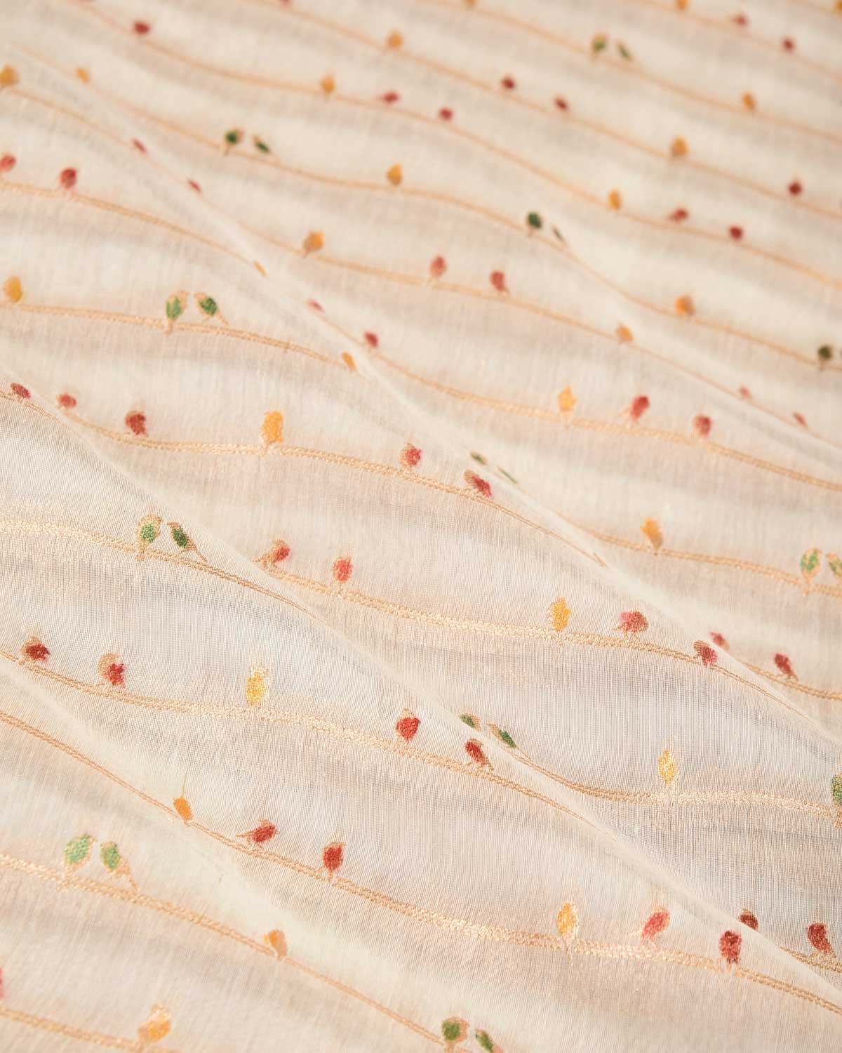 Ivory White Hand Brush Highlight Gold Zari Birds Cutwork Brocade Woven Cotton Silk Banarasi Saree