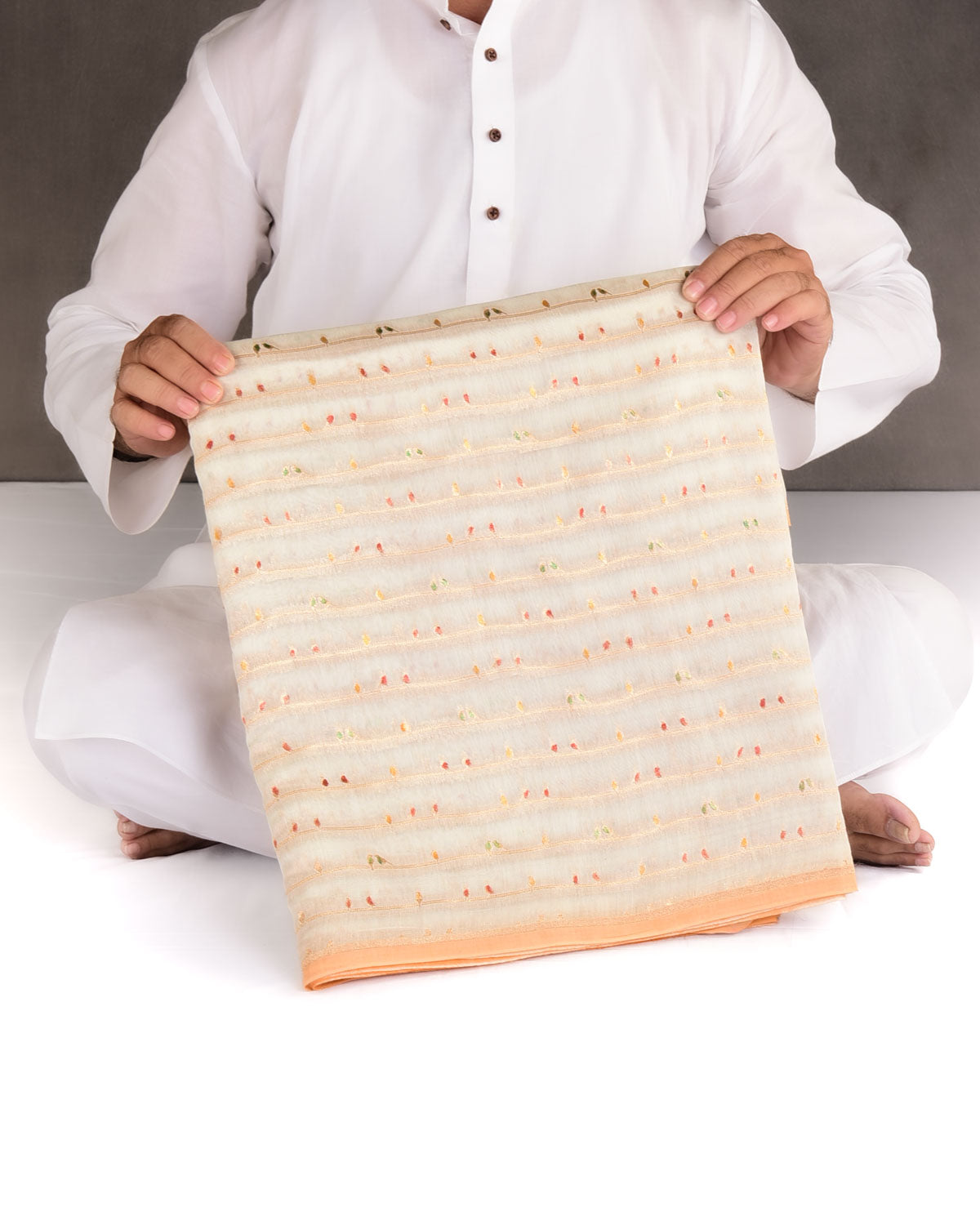 Ivory White Hand Brush Highlight Gold Zari Birds Cutwork Brocade Woven Cotton Silk Banarasi Saree