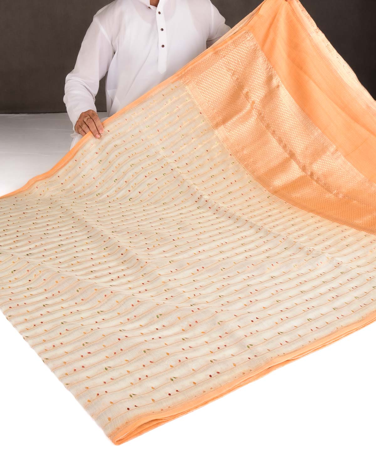 Ivory White Hand Brush Highlight Gold Zari Birds Cutwork Brocade Woven Cotton Silk Banarasi Saree