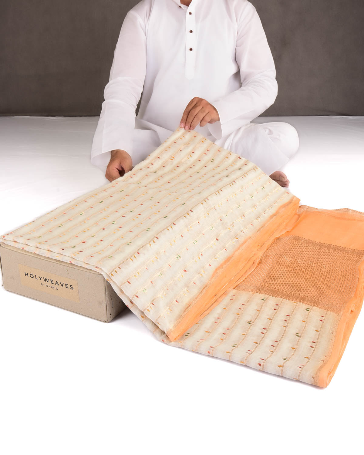 Ivory White Hand Brush Highlight Gold Zari Birds Cutwork Brocade Woven Cotton Silk Banarasi Saree