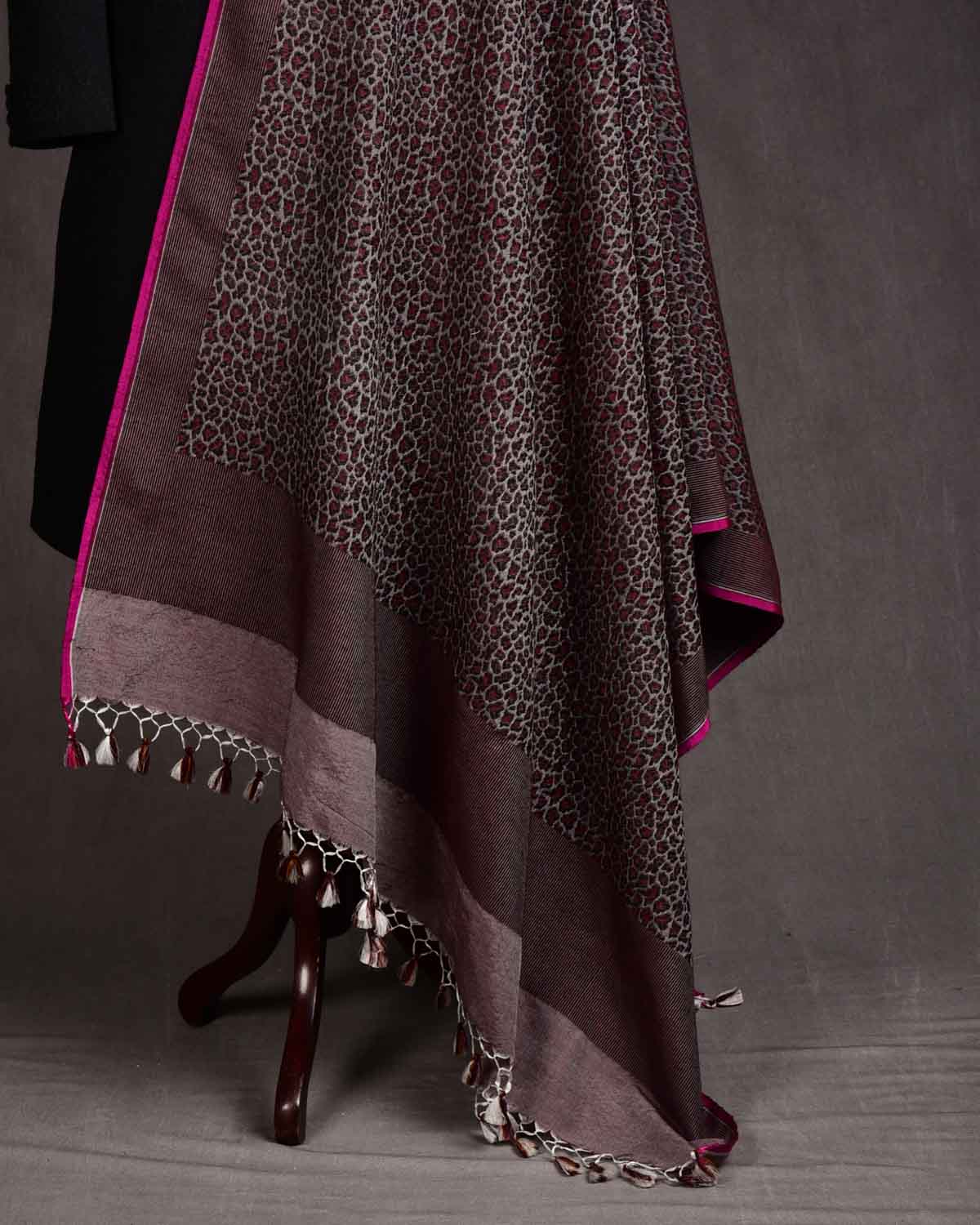 Gray Banarasi Leopard Stripes Brocade Handwoven Silk-Wool Unisex Shawl-HolyWeaves