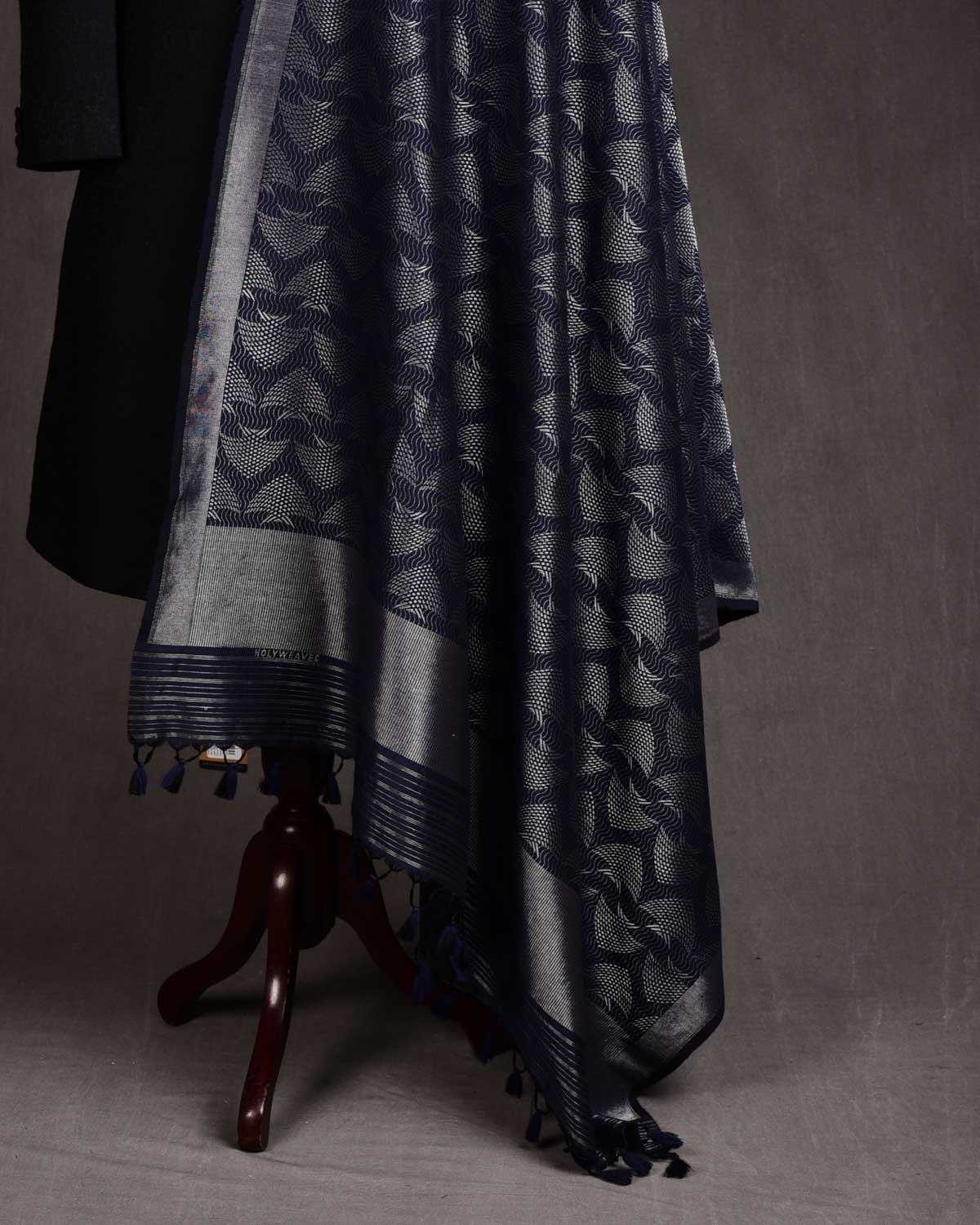 Navy Blue Banarasi Oceanic Pisces Silver Zari Brocade Handwoven Silk Wool Shawl-HolyWeaves