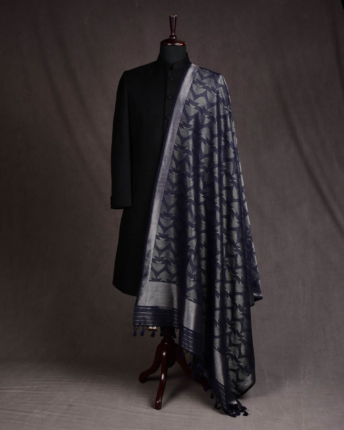 Navy Blue Banarasi Oceanic Pisces Silver Zari Brocade Handwoven Silk Wool Shawl-HolyWeaves