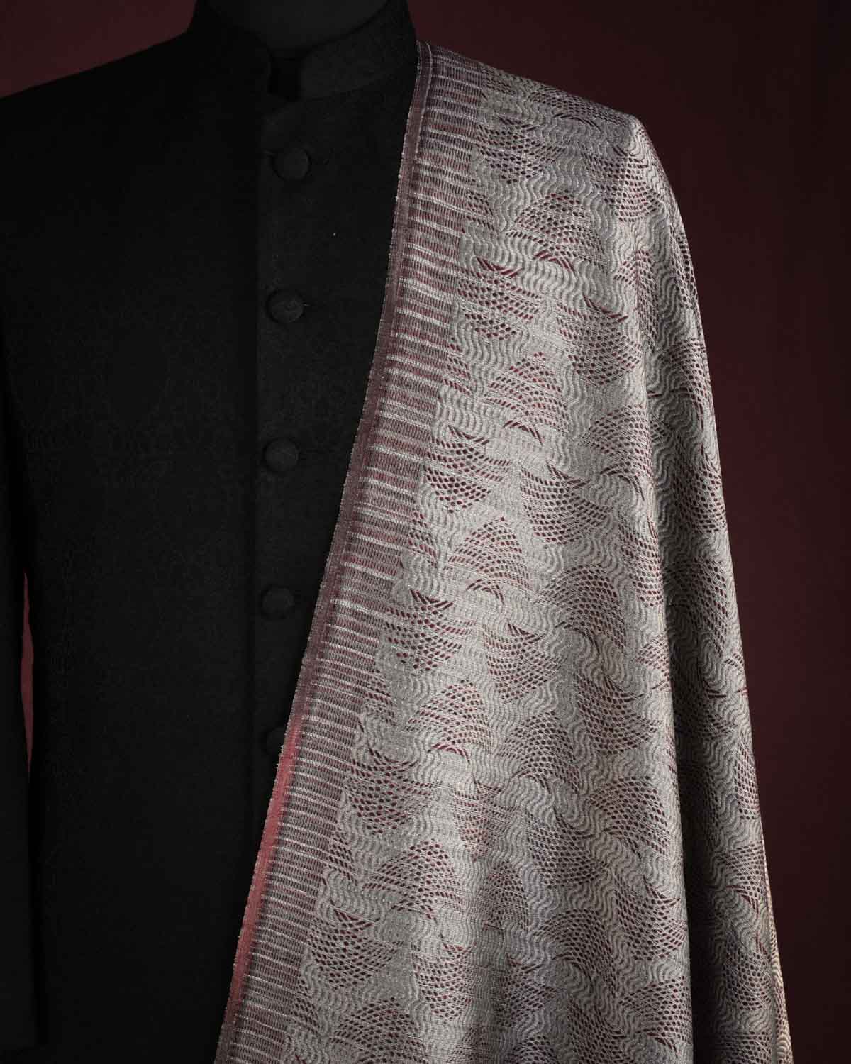 Metallic Gray Oceanic Pisces Silver Zari Brocade Handwoven Silk Wool Unisex Dress Shawl-HolyWeaves