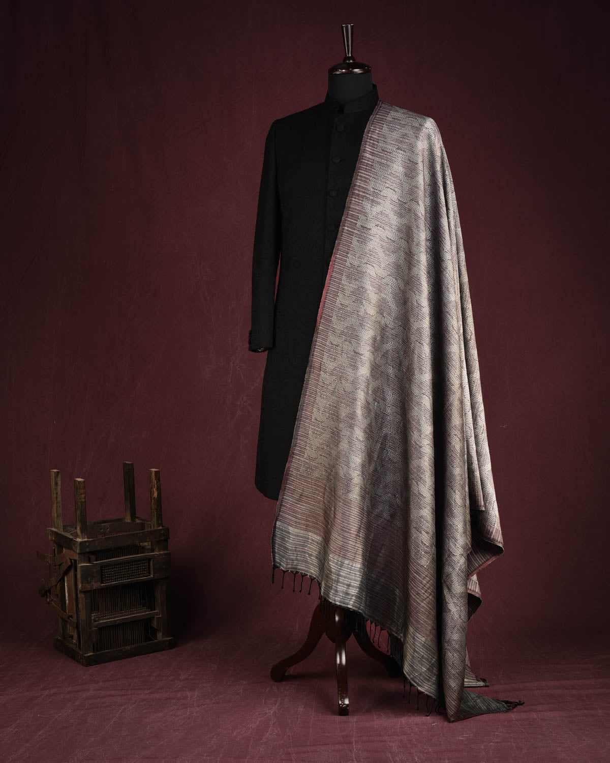 Metallic Gray Oceanic Pisces Silver Zari Brocade Handwoven Silk Wool Unisex Dress Shawl-HolyWeaves