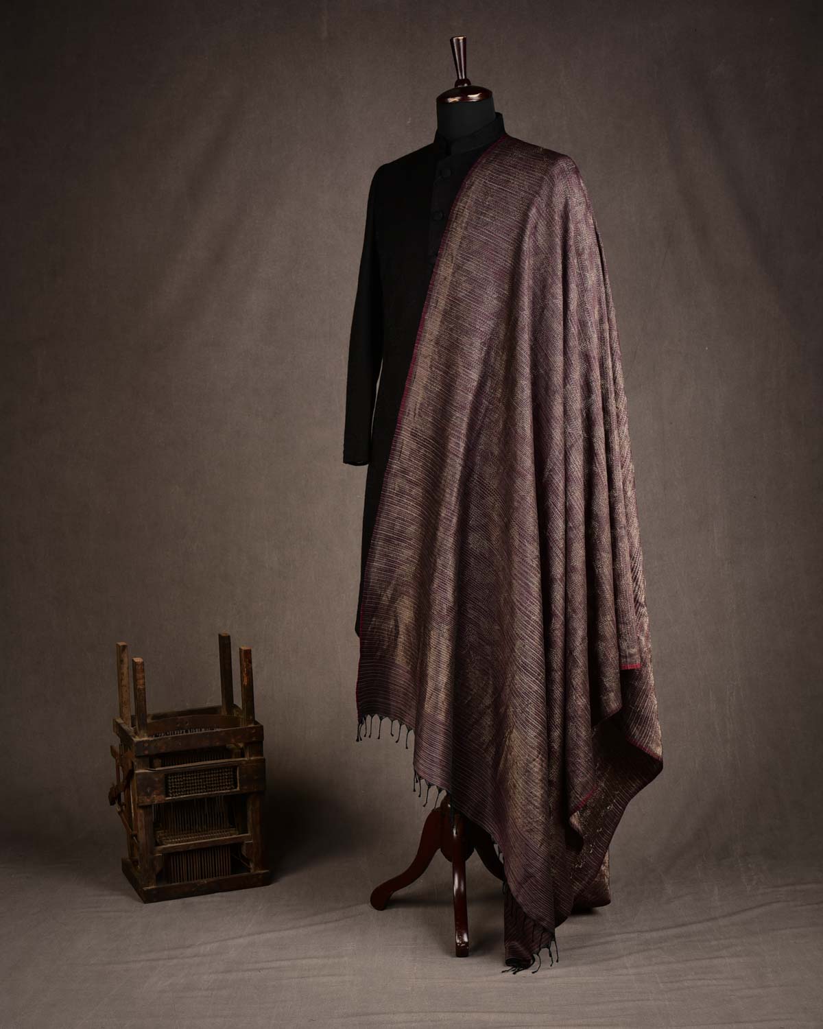 Variegated Maroon Oceanic Pisces Gold Zari Brocade Handwoven Silk Wool Unisex Dress Shawl-HolyWeaves