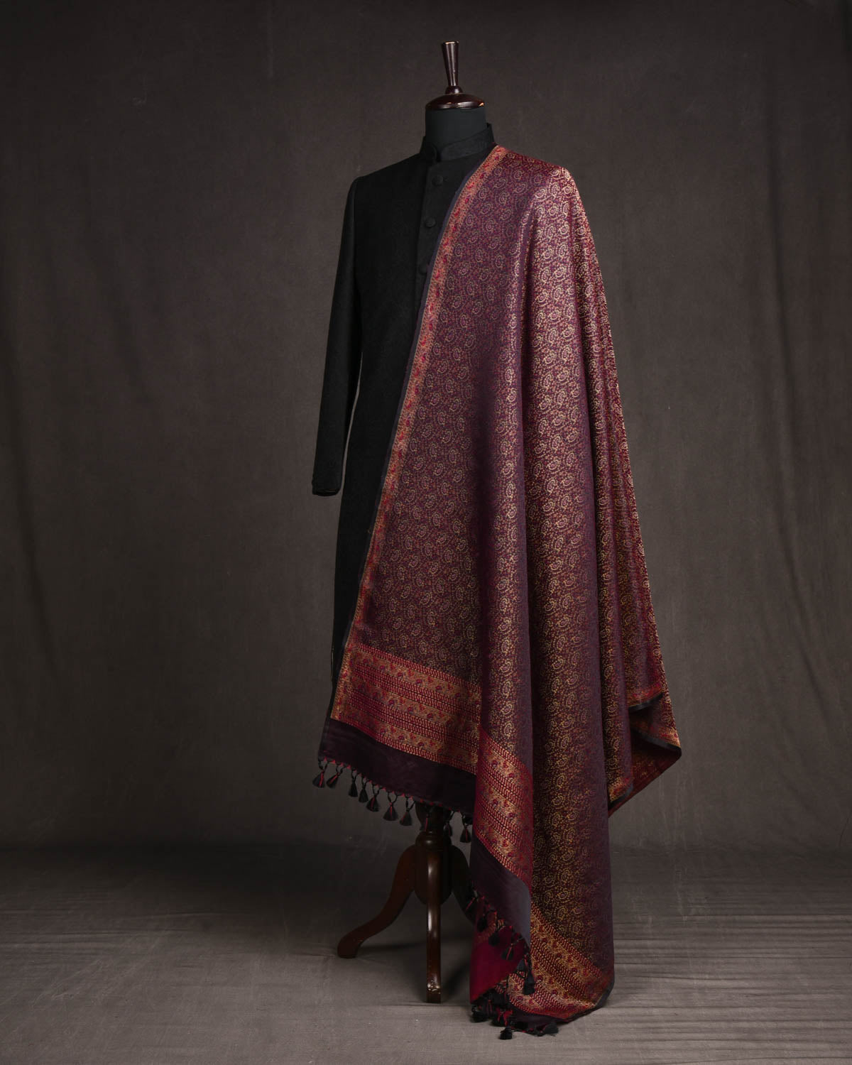 Midnight Purple Banarasi Tehra Paisley Jamawar Brocade Handwoven Silk Wool Shawl-HolyWeaves