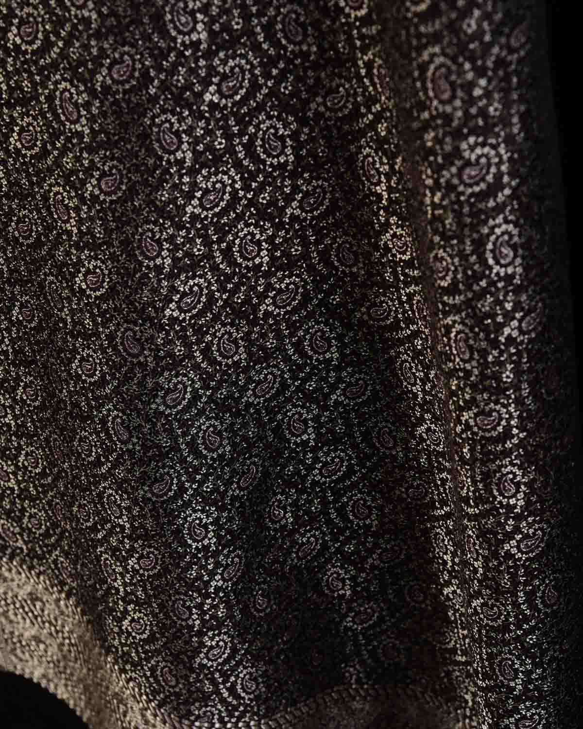 Black Banarasi Tehra Paisley Satin Jamawar Handwoven Silk Wool Shawl with Silver Zari-HolyWeaves