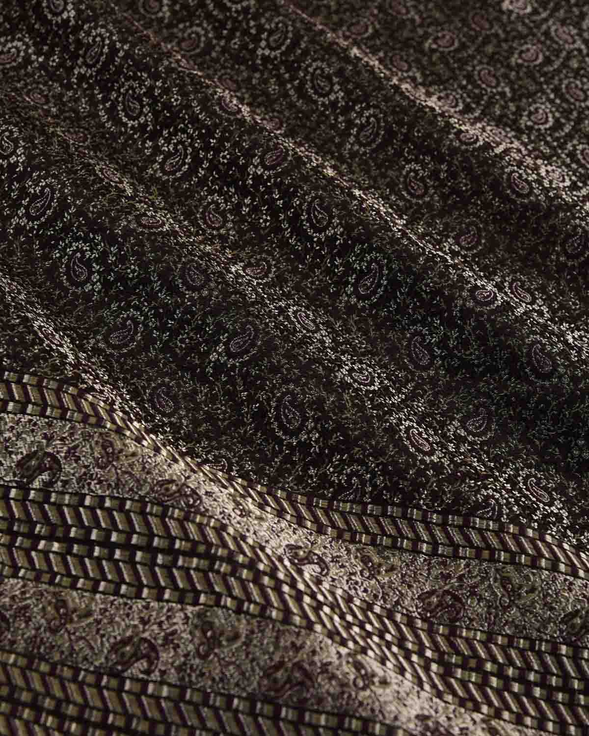 Black Banarasi Tehra Paisley Satin Jamawar Handwoven Silk Wool Shawl with Silver Zari-HolyWeaves