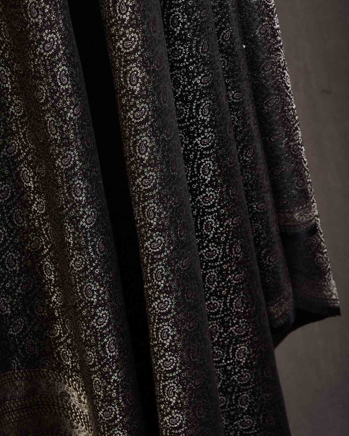 Black Banarasi Tehra Paisley Satin Jamawar Handwoven Silk Wool Shawl with Silver Zari-HolyWeaves