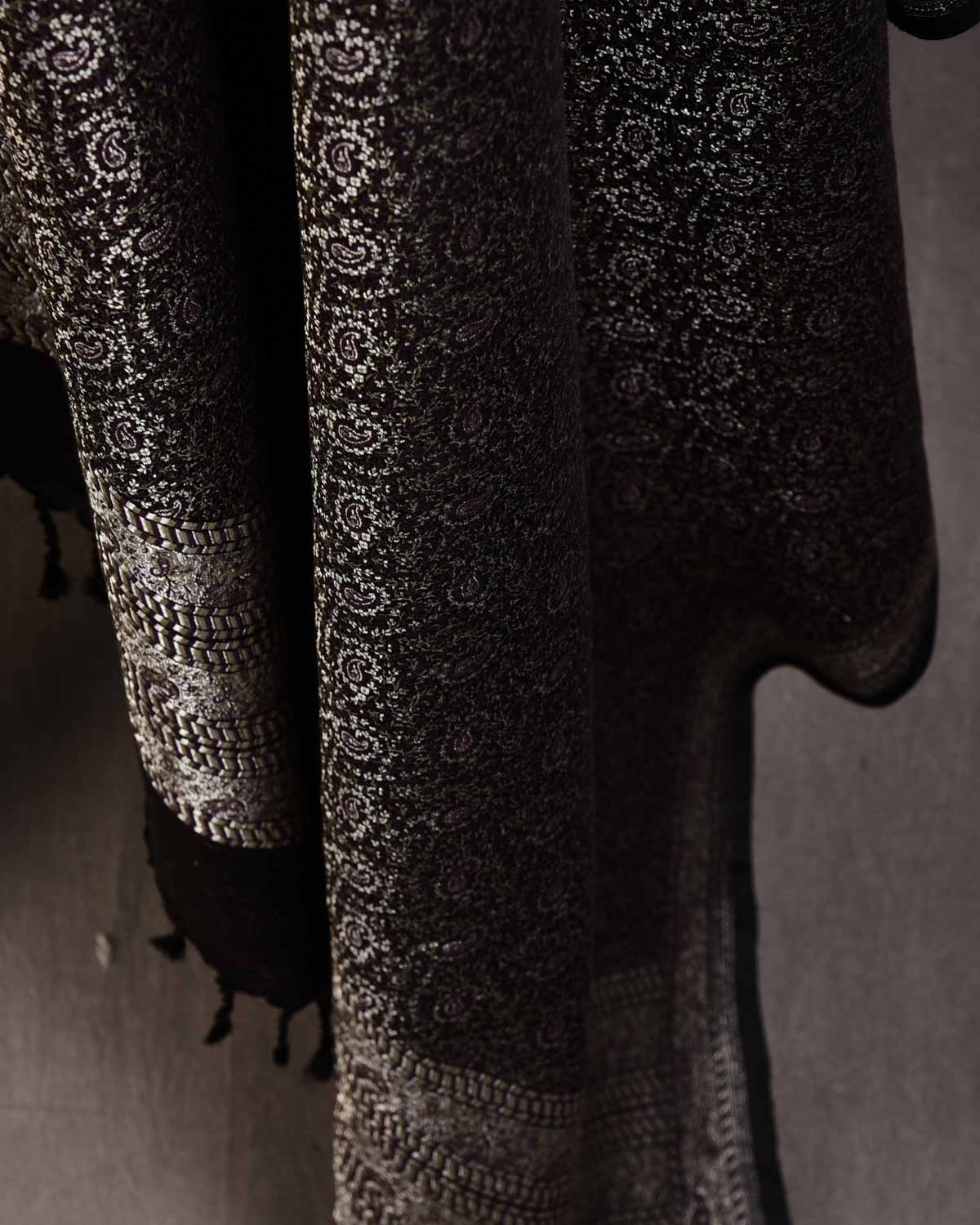 Black Banarasi Tehra Paisley Satin Jamawar Handwoven Silk Wool Shawl with Silver Zari-HolyWeaves