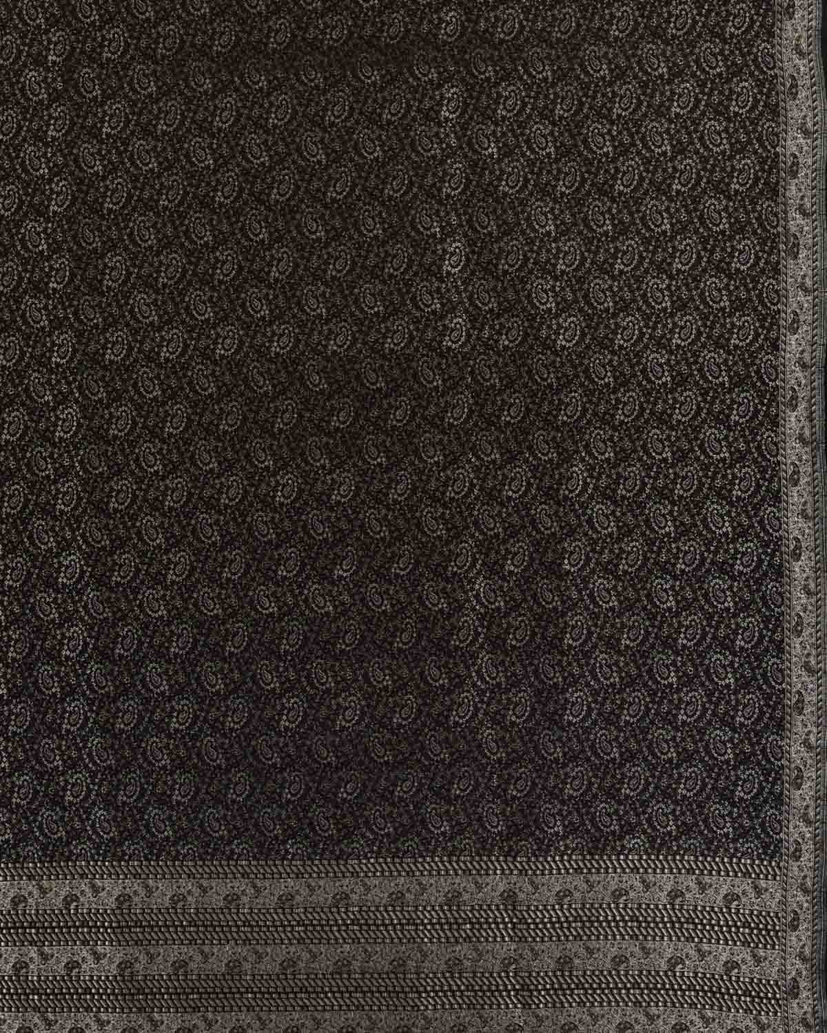 Black Banarasi Tehra Paisley Satin Jamawar Handwoven Silk Wool Shawl with Silver Zari-HolyWeaves