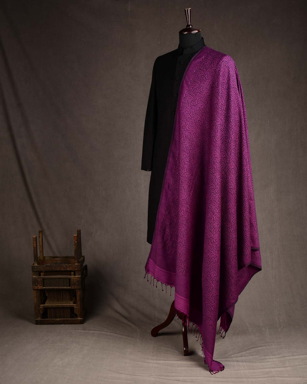 Purple Norturnal Bats Brocade Handwoven Silk Wool Banarasi Shawl-HolyWeaves