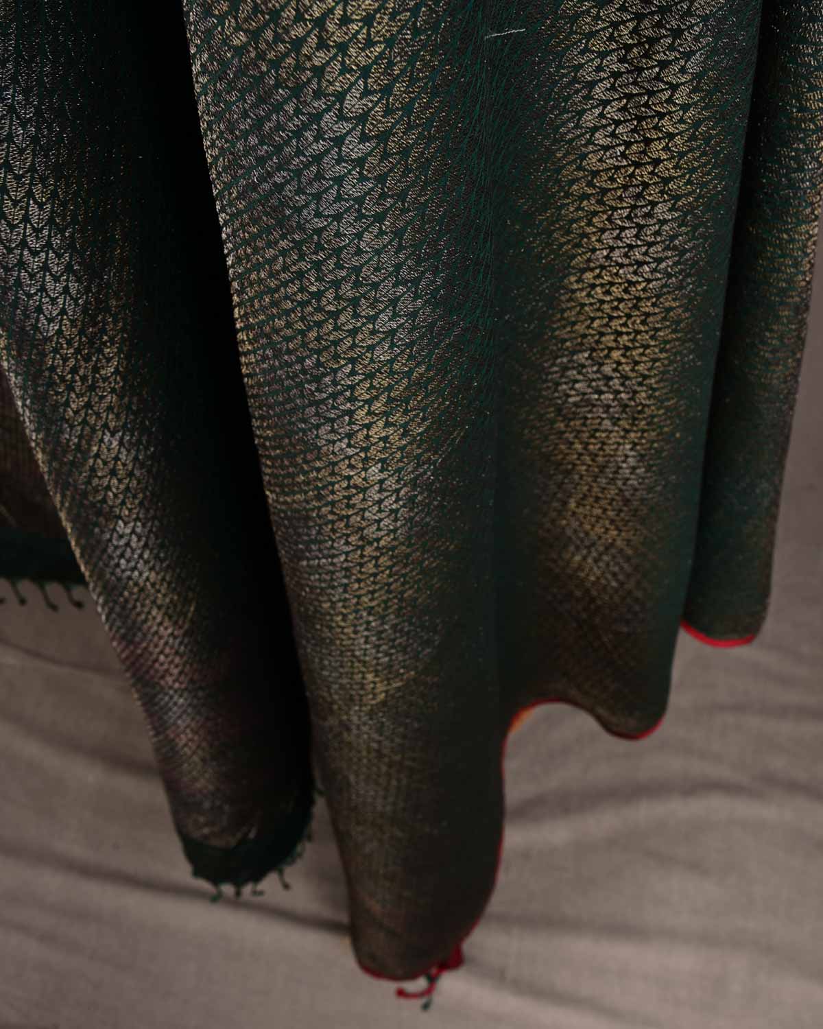 Midnight Green Gold & Silver Zari Herringbone Brocade Handwoven Silk Wool Banarasi Shawl with Maroon Selvage-HolyWeaves