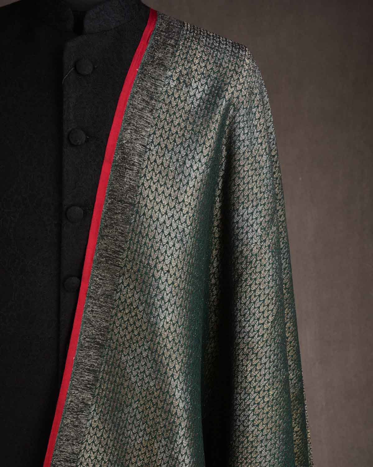 Midnight Green Gold & Silver Zari Herringbone Brocade Handwoven Silk Wool Banarasi Shawl with Maroon Selvage-HolyWeaves