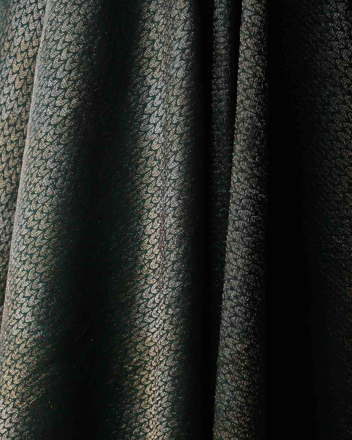 Midnight Green Gold & Silver Zari Herringbone Brocade Handwoven Silk Wool Banarasi Shawl with Maroon Selvage-HolyWeaves