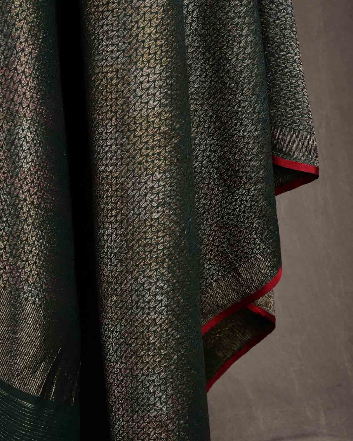 Midnight Green Gold & Silver Zari Herringbone Brocade Handwoven Silk Wool Banarasi Shawl with Maroon Selvage-HolyWeaves