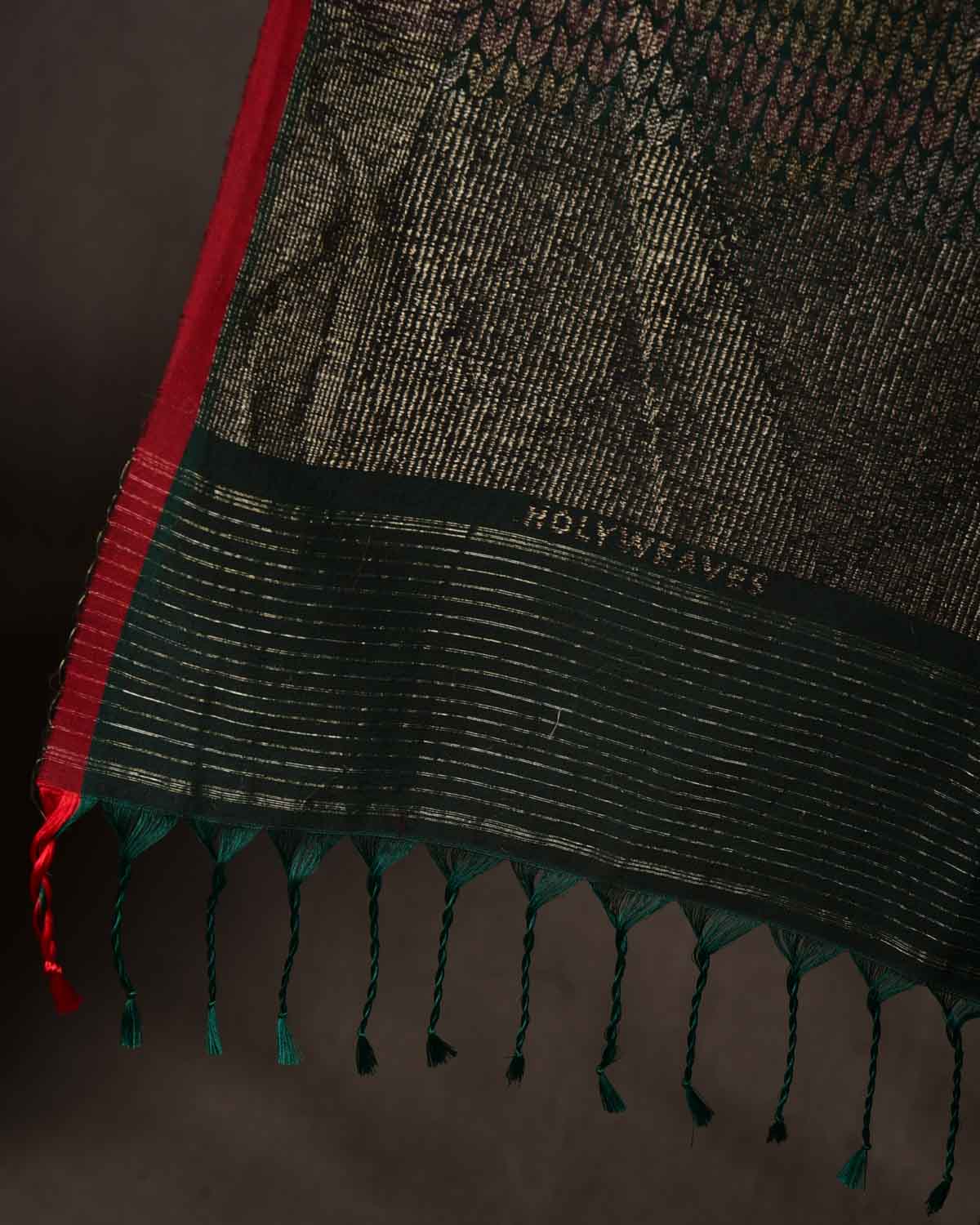 Midnight Green Gold & Silver Zari Herringbone Brocade Handwoven Silk Wool Banarasi Shawl with Maroon Selvage-HolyWeaves