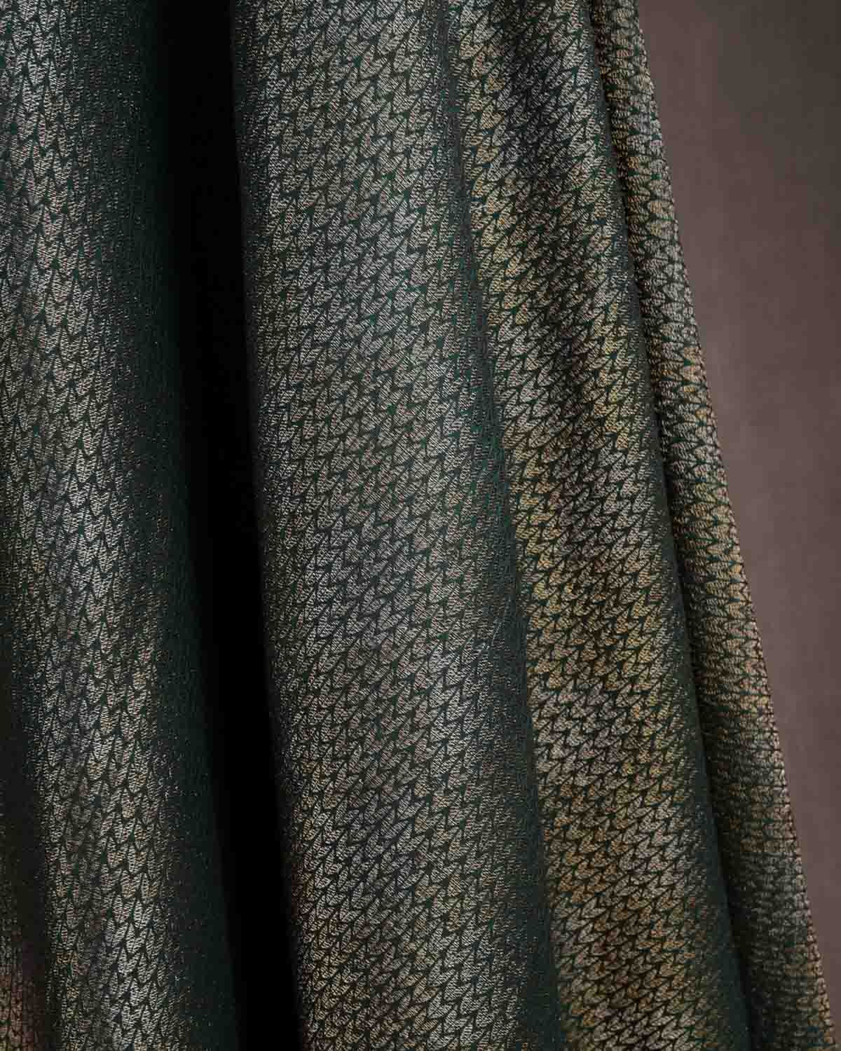 Midnight Green Gold & Silver Zari Herringbone Brocade Handwoven Silk Wool Banarasi Shawl with Maroon Selvage-HolyWeaves