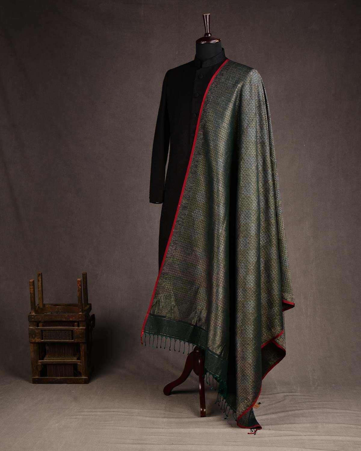 Midnight Green Gold & Silver Zari Herringbone Brocade Handwoven Silk Wool Banarasi Shawl with Maroon Selvage-HolyWeaves