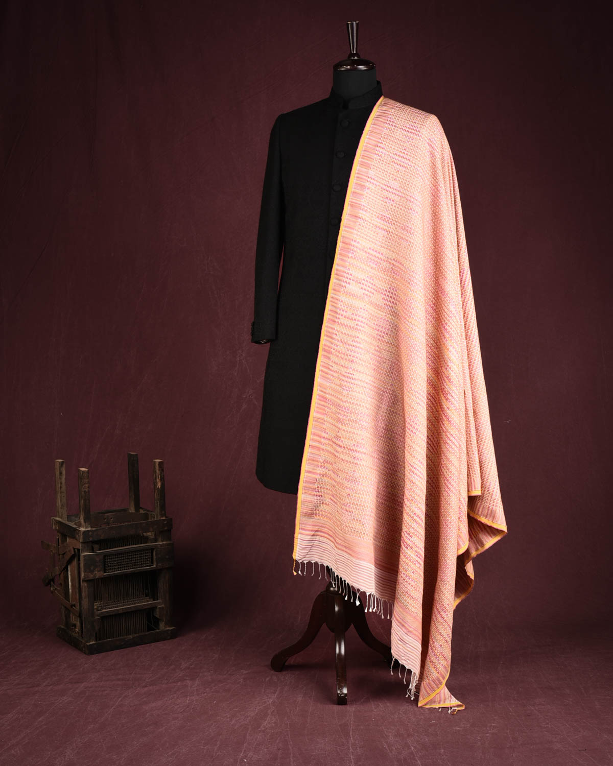 Variegated Multi-color Herringbone Brocade Handwoven Silk Wool Unisex Dress Shawl-HolyWeaves