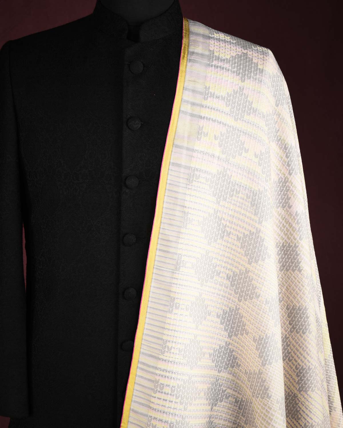 Variegated Metallic Ivory White Herringbone Brocade Handwoven Silk Wool Unisex Dress Shawl-HolyWeaves