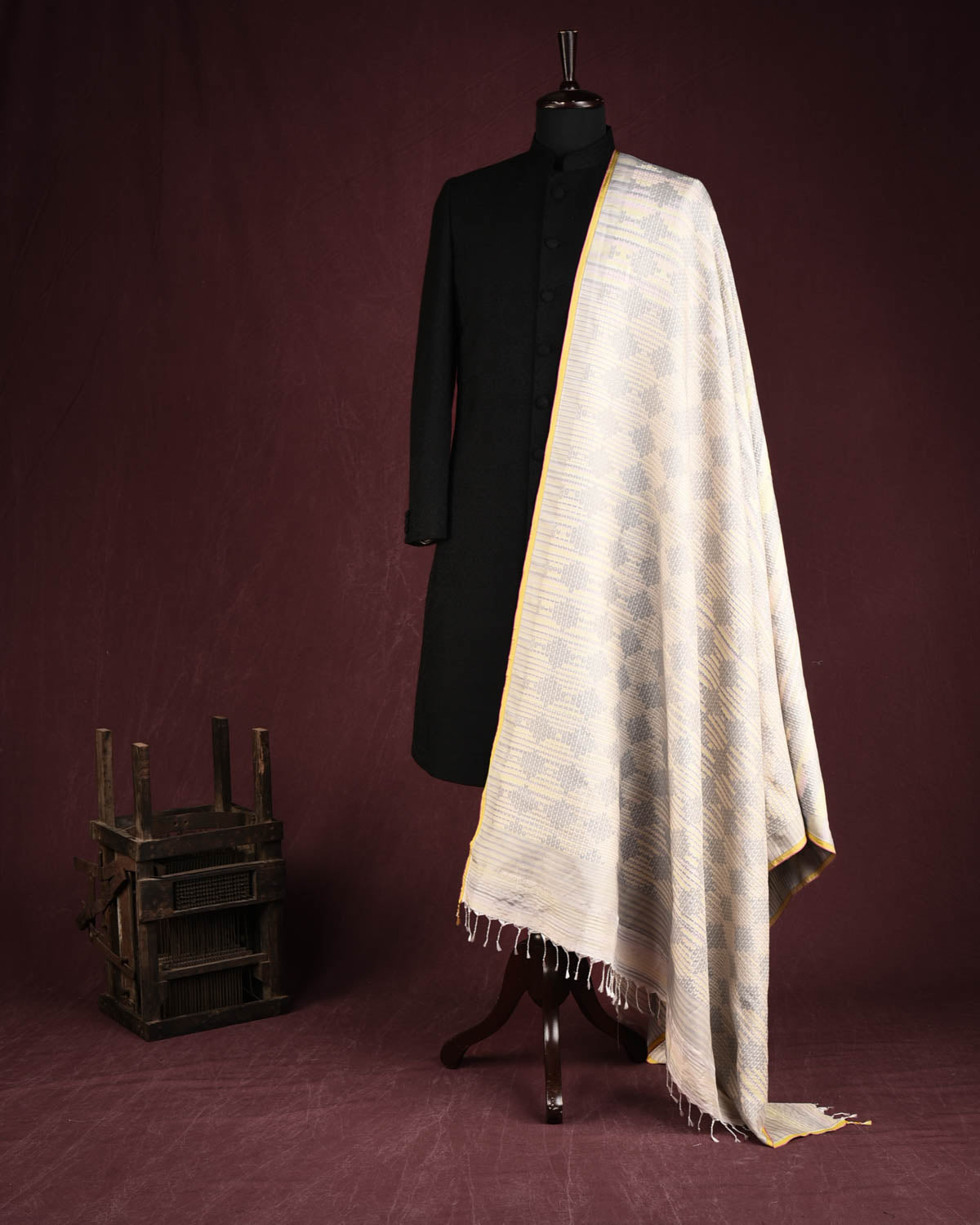 Variegated Metallic Ivory White Herringbone Brocade Handwoven Silk Wool Unisex Dress Shawl-HolyWeaves