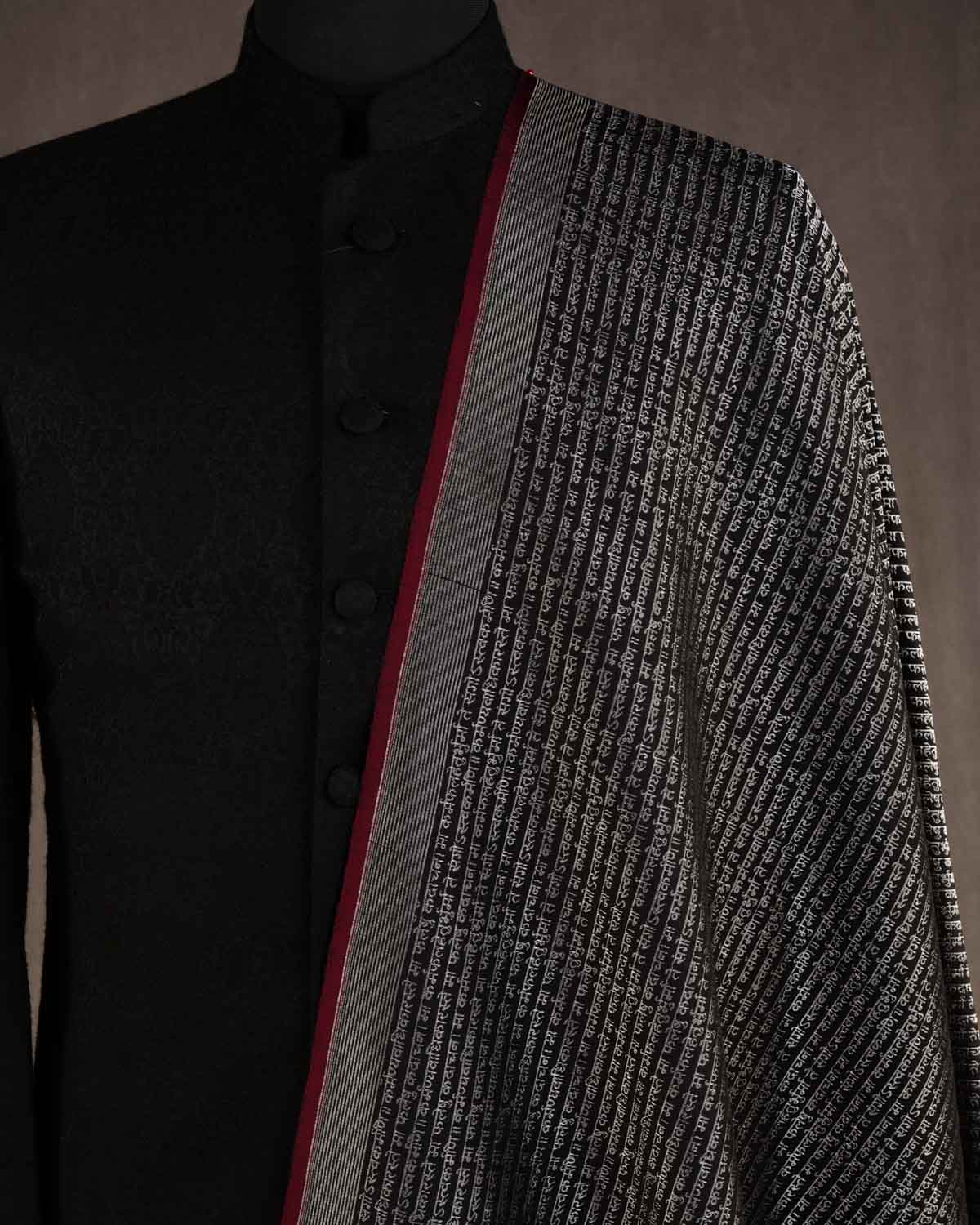 Black Silver Zari Geeta Shlok 2.47 Brocade Handwoven Silk Wool Unisex Dress Shawl-HolyWeaves