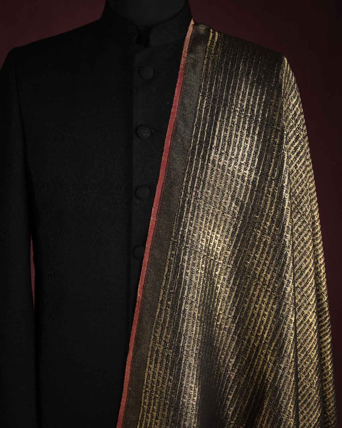Metallic Black Gold Zari Geeta Shlok 2.47 Brocade Handwoven Silk Wool Unisex Dress Shawl-HolyWeaves