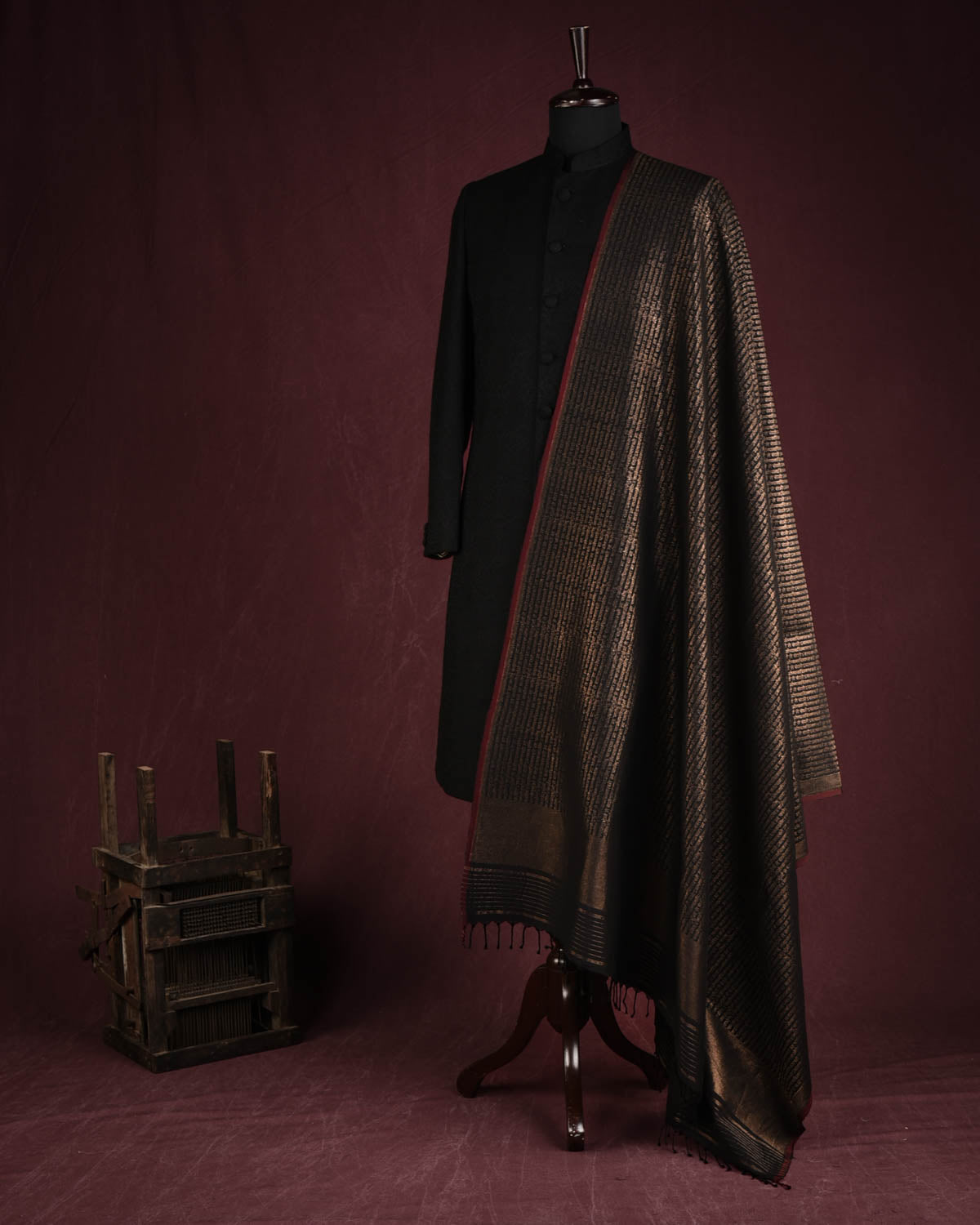Black Antique Zari Geeta Shlok 2.47 Brocade Handwoven Silk Wool Unisex Dress Shawl-HolyWeaves