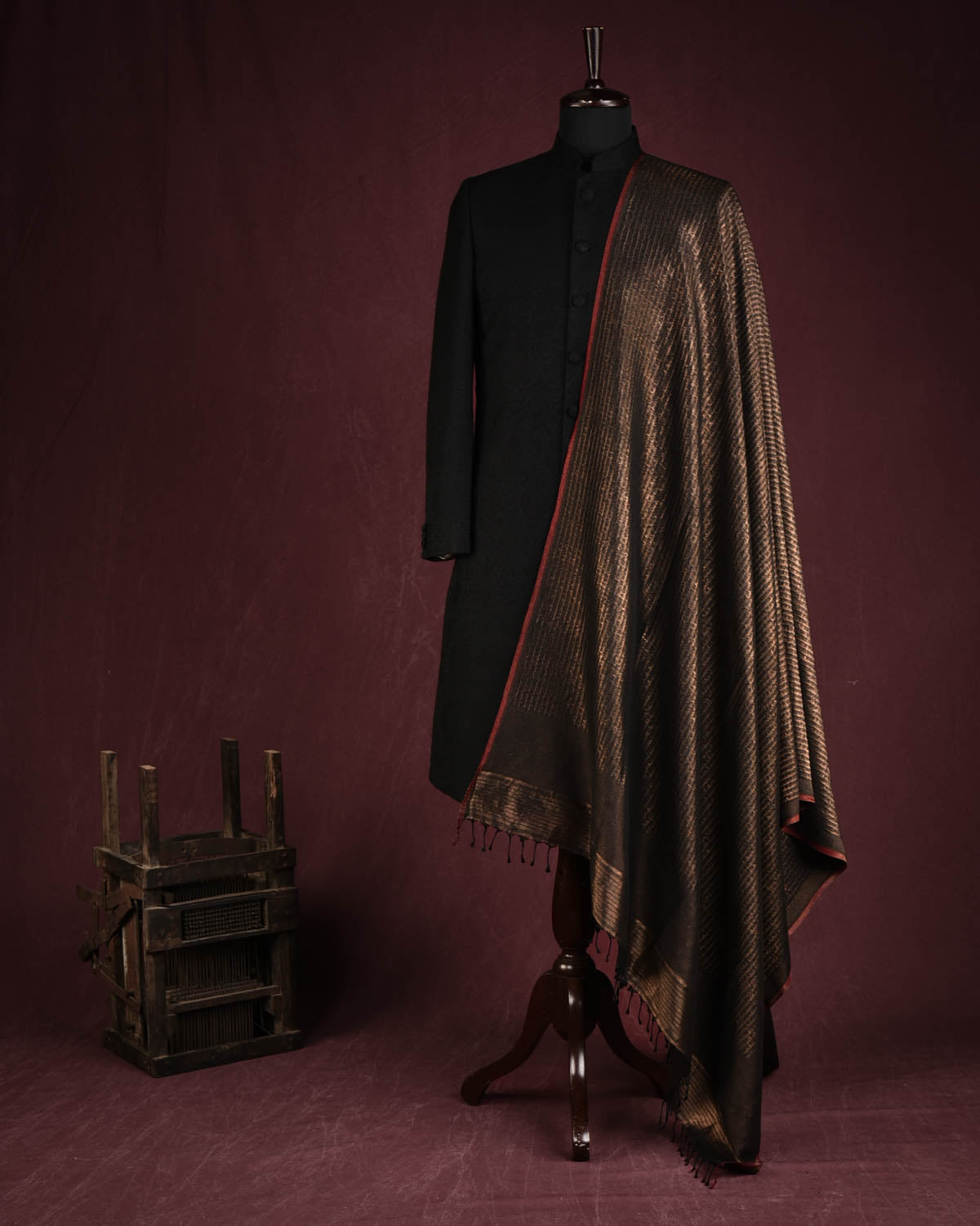 Metallic Black Antique Zari Geeta Shlok 2.47 Brocade Handwoven Silk Wool Unisex Dress Shawl-HolyWeaves