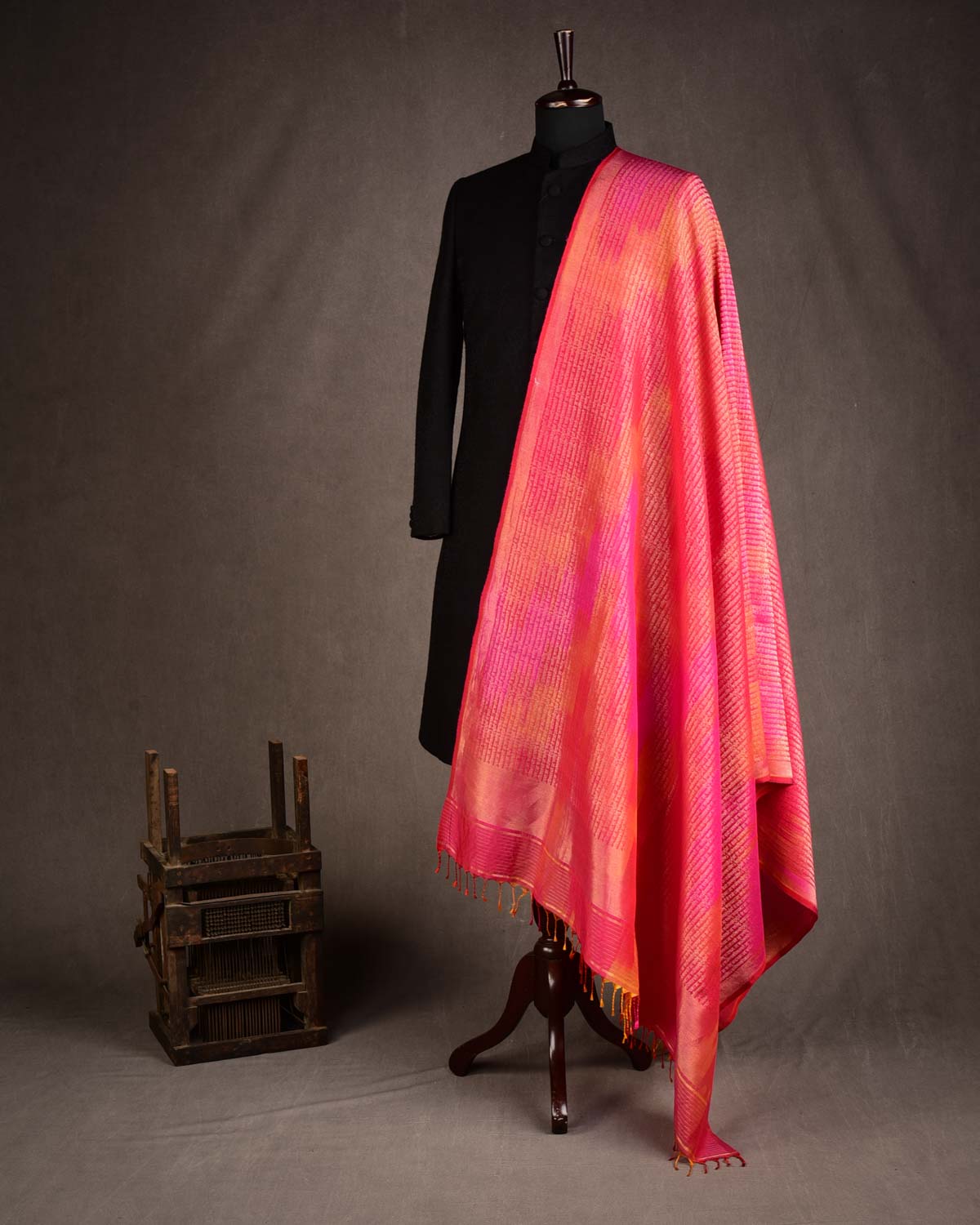 Ombre Multi-color Antique Zari Geeta Shlok 2.47 Brocade Handwoven Silk Wool Unisex Dress Shawl-HolyWeaves