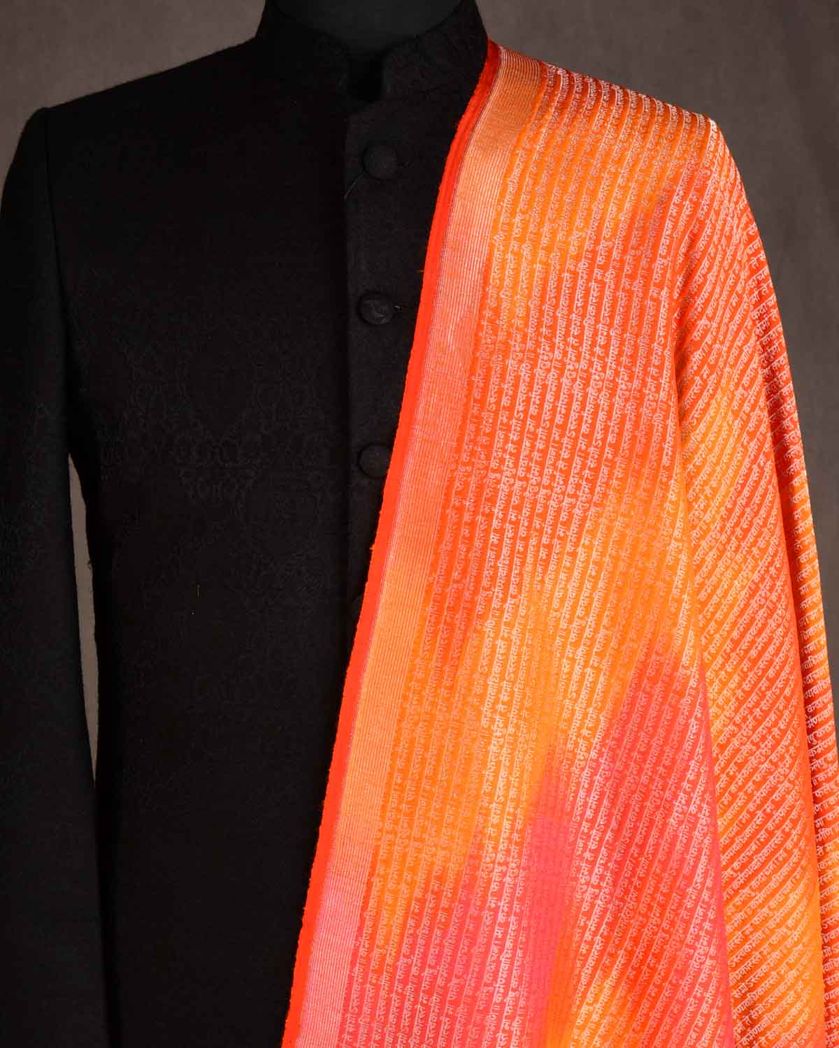 Ombre Orange Gold Zari Geeta Shlok 2.47 Brocade Handwoven Silk Wool Unisex Dress Shawl-HolyWeaves