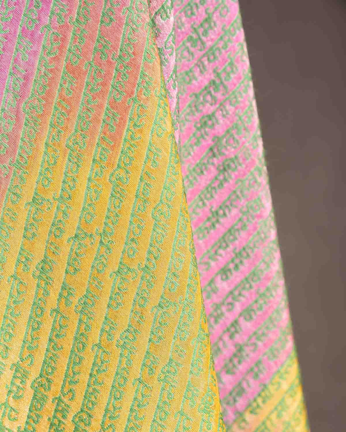 Ombre Metallic Green Silver Zari Geeta Shlok 2.47 Brocade Handwoven Silk Wool Unisex Dress Shawl-HolyWeaves