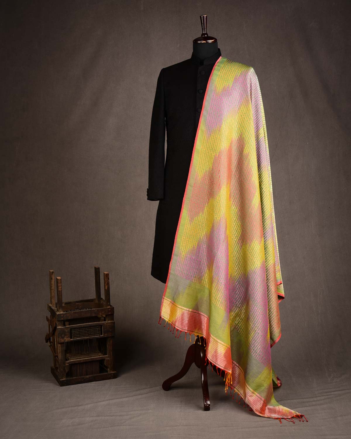 Ombre Metallic Green Silver Zari Geeta Shlok 2.47 Brocade Handwoven Silk Wool Unisex Dress Shawl-HolyWeaves