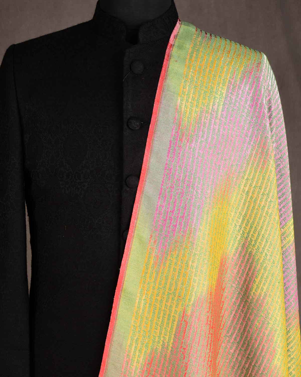 Ombre Metallic Green Silver Zari Geeta Shlok 2.47 Brocade Handwoven Silk Wool Unisex Dress Shawl-HolyWeaves