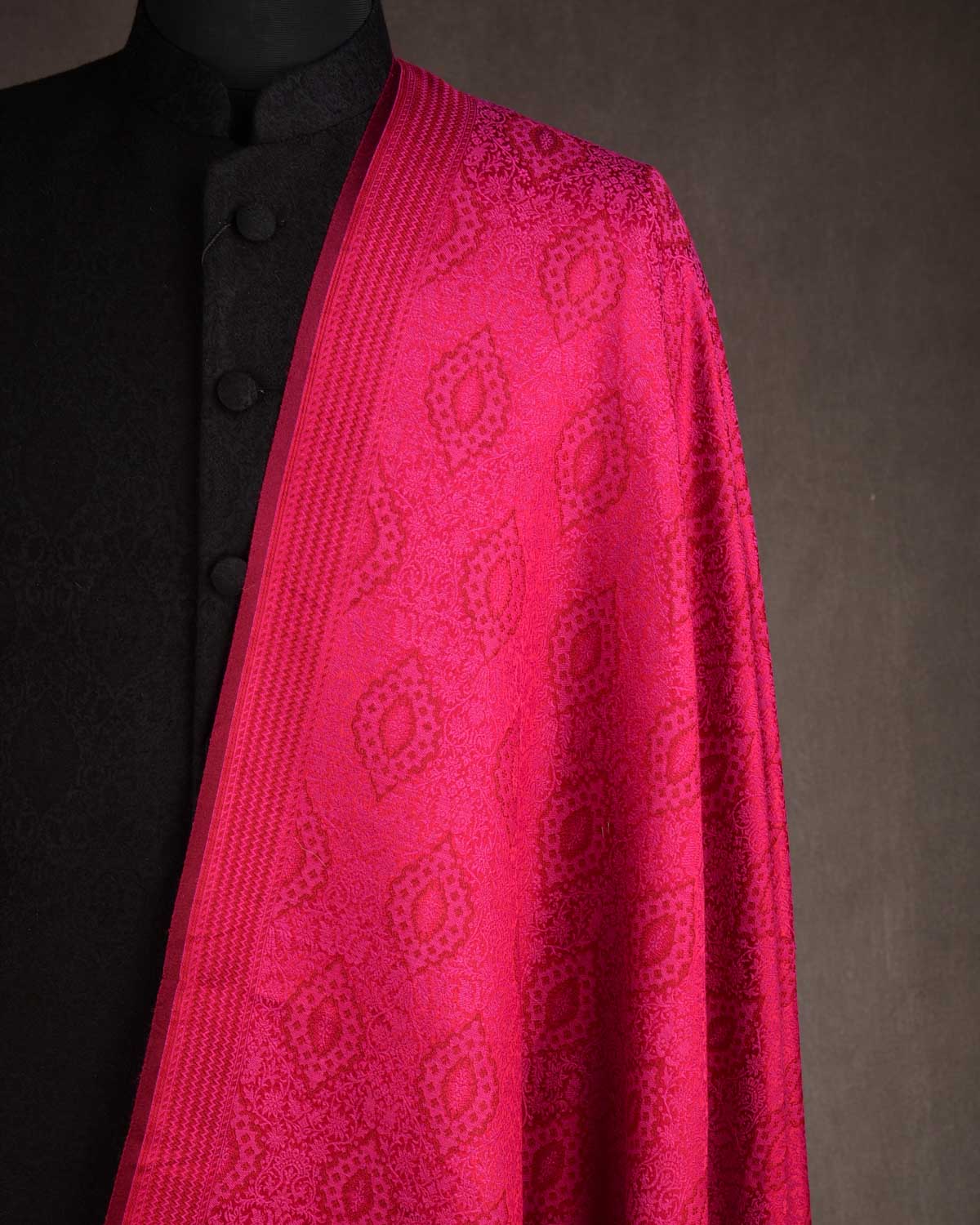 Magenta Damask Tanchoi Handwoven Silk Wool Unisex Dress Shawl-HolyWeaves
