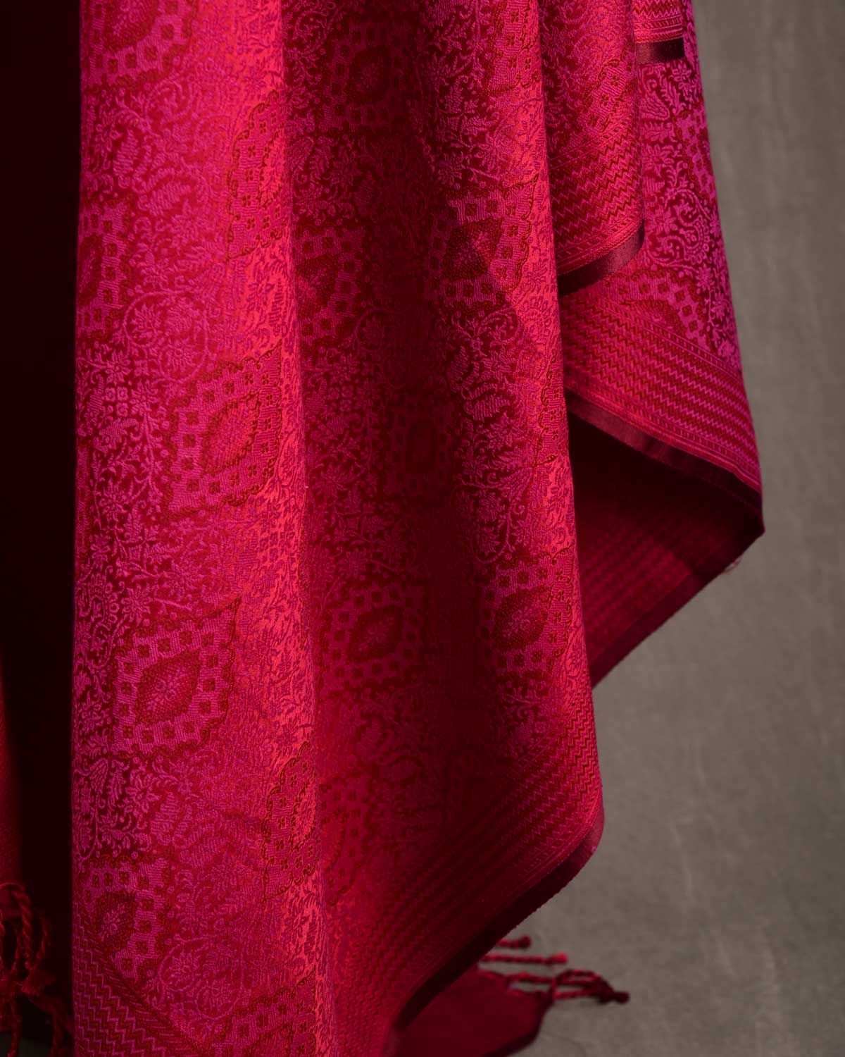 Magenta Damask Tanchoi Handwoven Silk Wool Unisex Dress Shawl-HolyWeaves