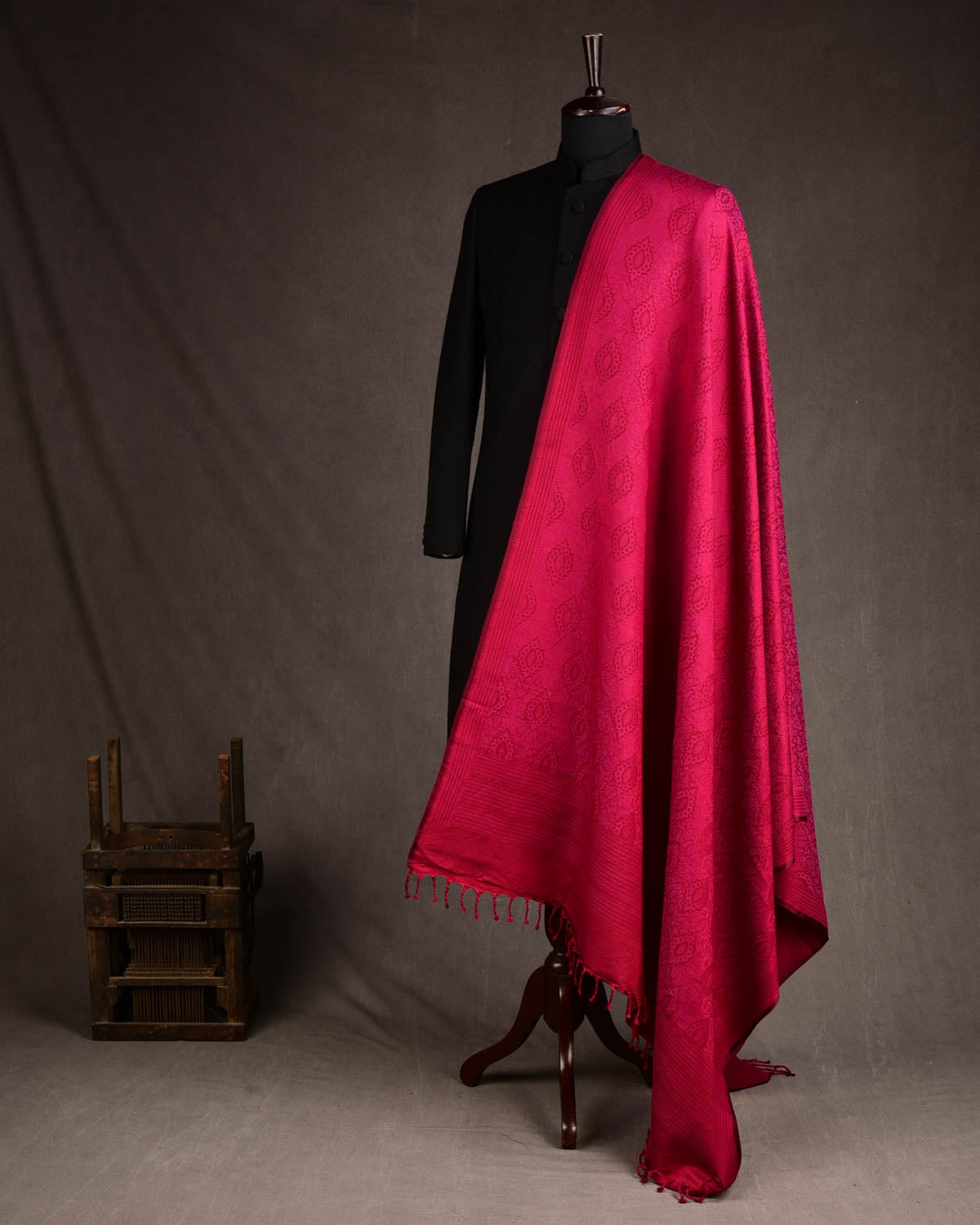 Magenta Damask Tanchoi Handwoven Silk Wool Unisex Dress Shawl-HolyWeaves
