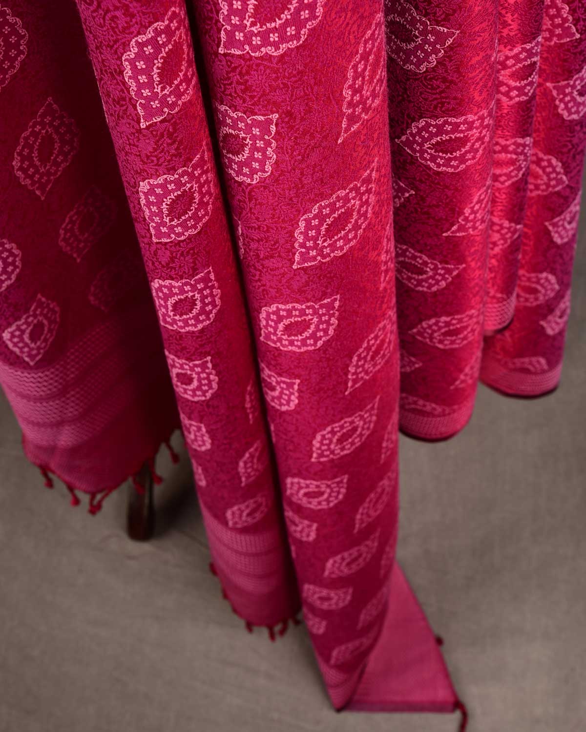 White On Magenta Damask Tanchoi Handwoven Silk Wool Unisex Dress Shawl-HolyWeaves