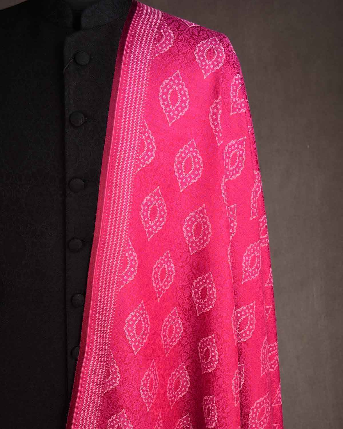 White On Magenta Damask Tanchoi Handwoven Silk Wool Unisex Dress Shawl-HolyWeaves